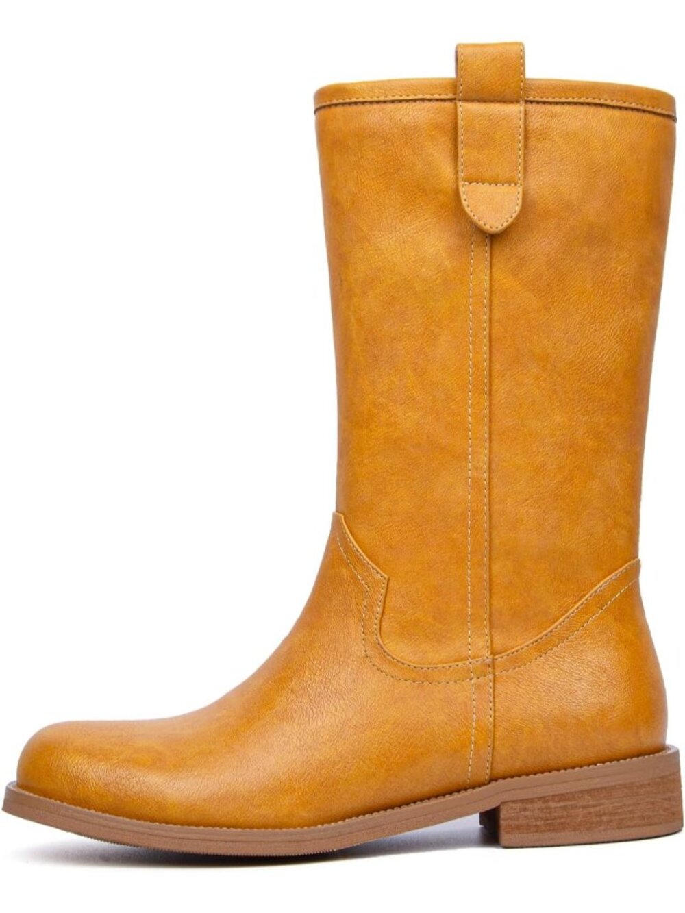 Women's Banana Chunky Block Low Heel Round Toe Campus Comfortable Mid Calf Boots